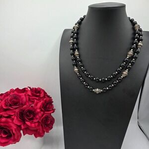 Yousi Black Onyx Silver Tone Beaded Double Strand Necklace Statement Jewelry
